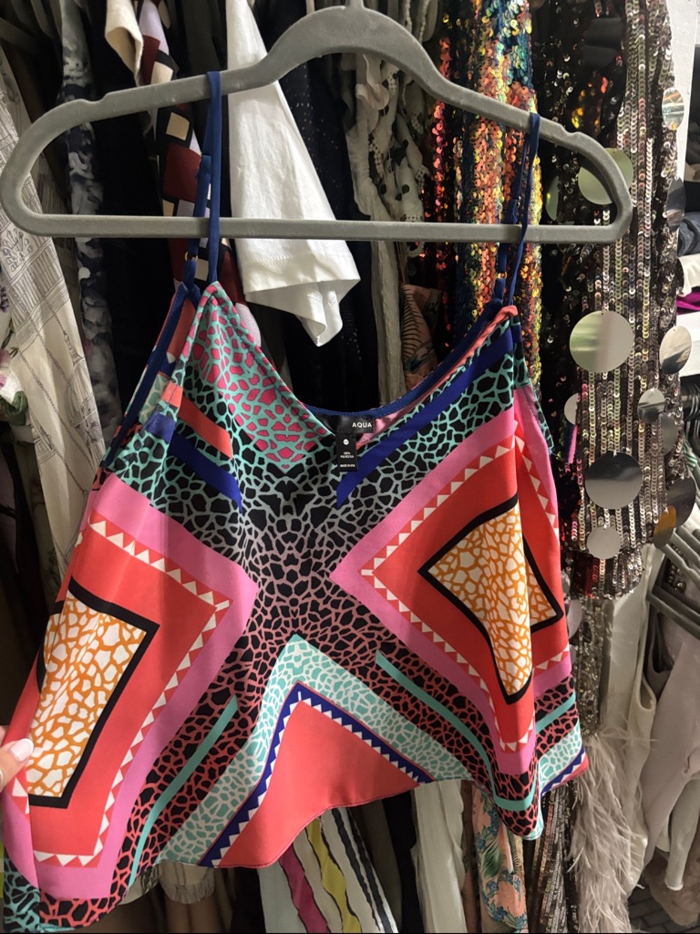Aqua Vibrant Pink Coral Teal Geometric Cami size XS
